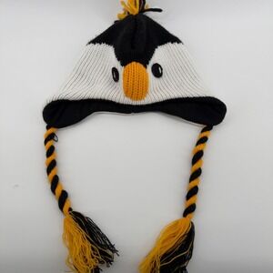 Kids Penguin Winter Hat Black White Yellow Pom Pom Ear Flaps Braids M L